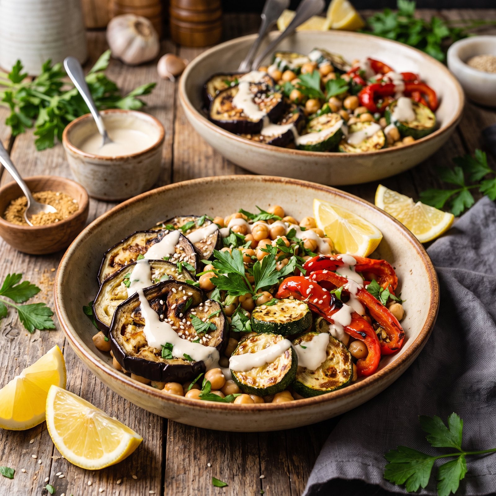Gegrilltes Gemüse mit Tahini in rustikaler Abendstimmung
