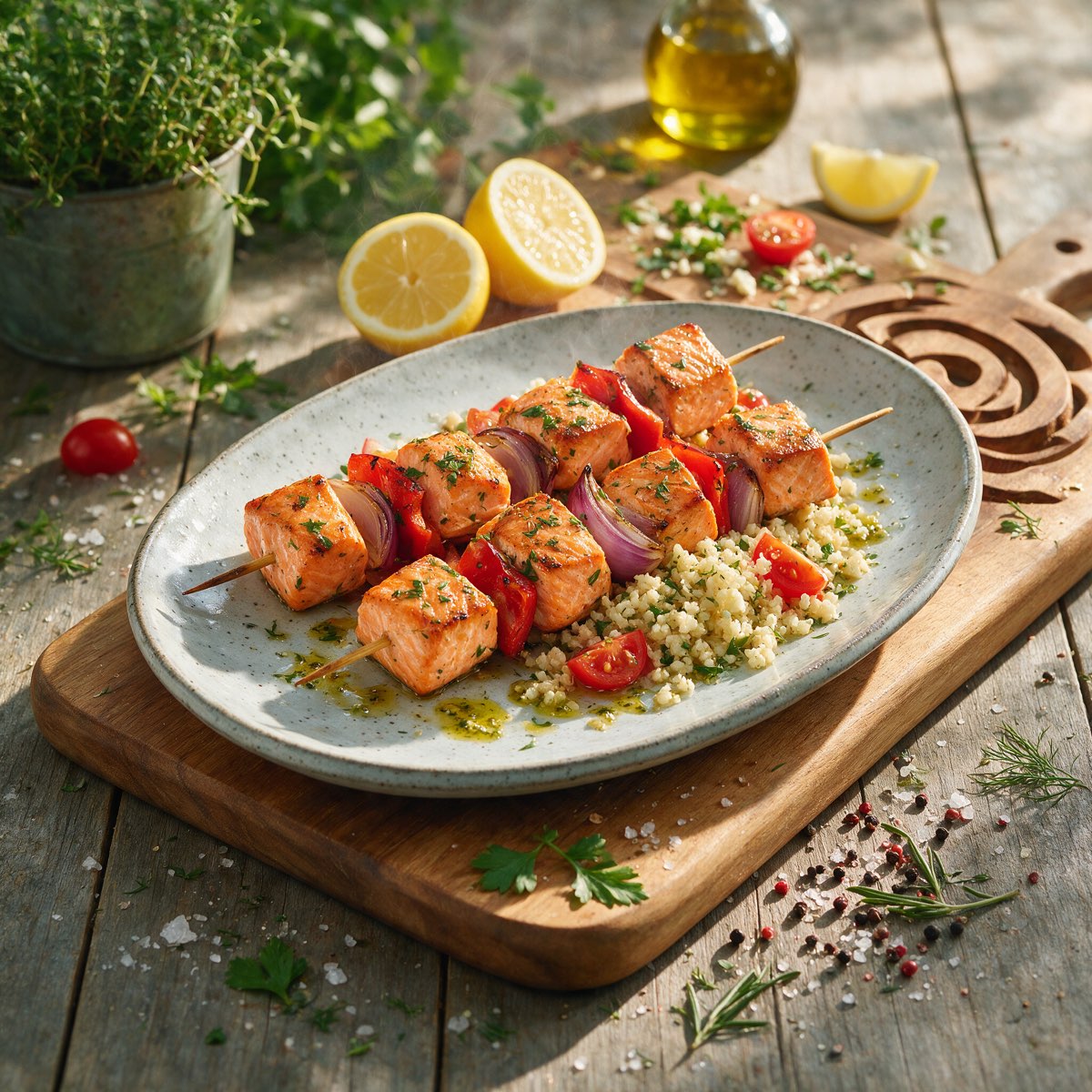 Gegrillte Lachs-Spiesse mit Petersilien-Couscous